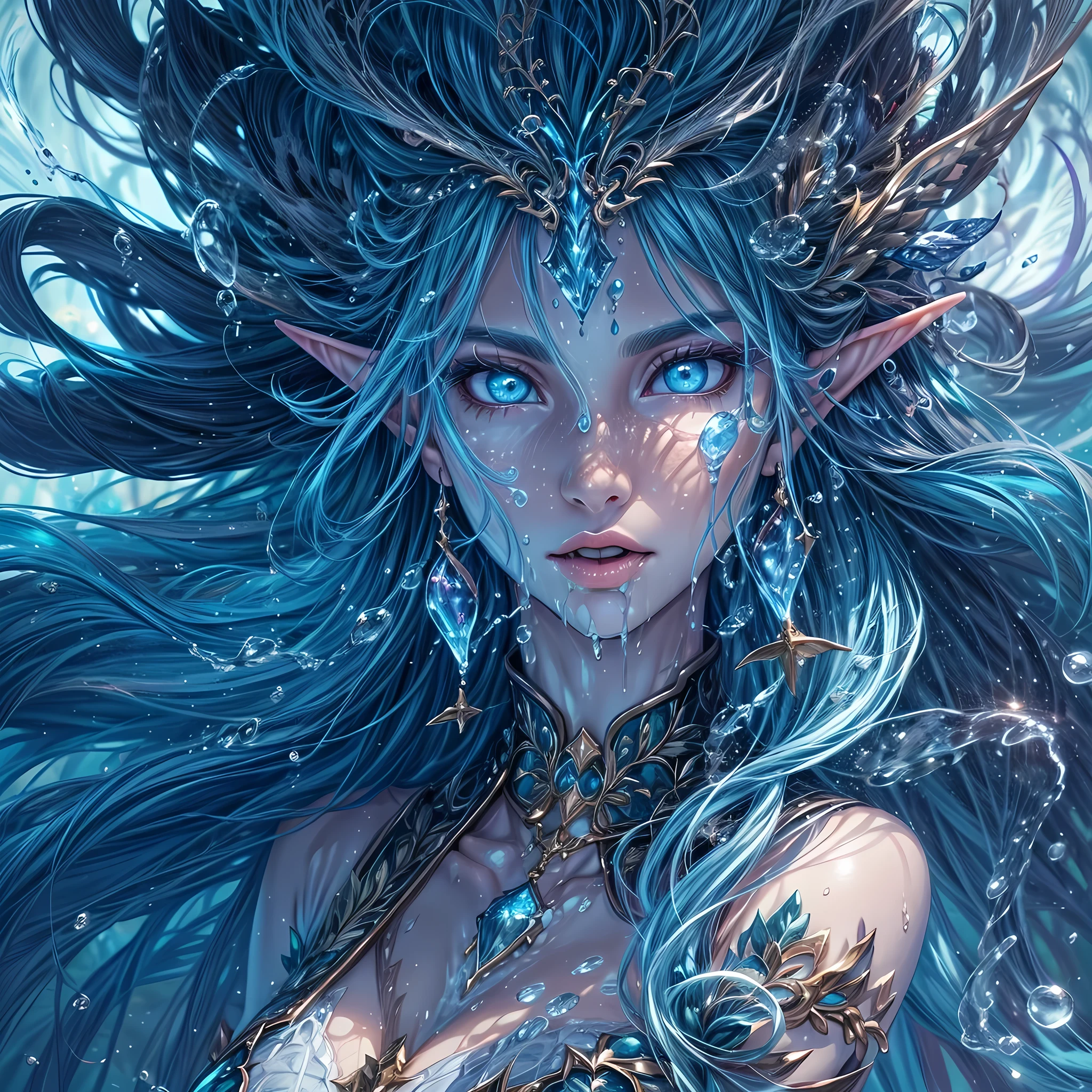 high details, best quality, 16k, [ultra detailed], masterpiece, best quality, (extremely detailed), dynamic angle, ultra wide shot, RAW, photorealistic, fantasy art, dnd art, rpg art, realistic art, an ultra wide picture of a sea elf (1.5 intricate details, Masterpiece, best quality) water mage casting ((water control spell)), water wizard ((water magic, intense magic details)), (( controlling a swirling mass of water)), magical symbols, female sea elf, blue skin, green hair, long hair, swirling hair, intense eyes, small pointed ears, ((blue eyes)), ((glowing eyes)), armed with magical wand, wearing sea shell clothing, beautiful elf, underwater background, rich underwater life, ((magical atmosphere)), fish and sea weeds, high details, best quality, highres, ultra wide angle