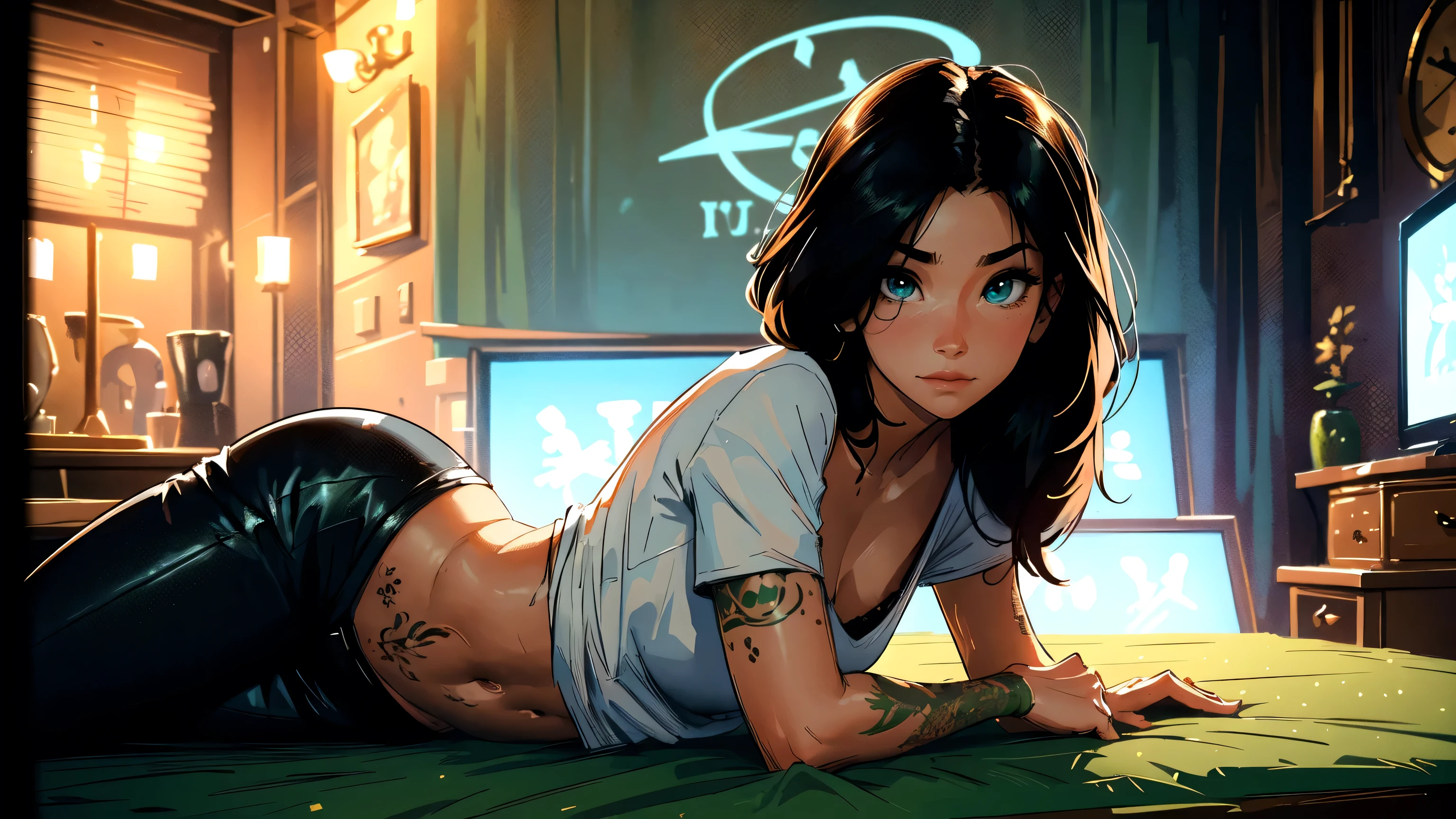 high resolution, Soft light,1womanl, Solo, Hips up, (Detailed face),tattoo, jewelry, t-shirt with rough chest, Beautiful soldiers, Grab the audience's eye, Lover's perspective, Invitation expression, Sexy smile, Perfect style, Perfect balance, Detailed skin, mischievous gaze, chest visible,black hair ,green eyes (super detailed hair)((sexy))