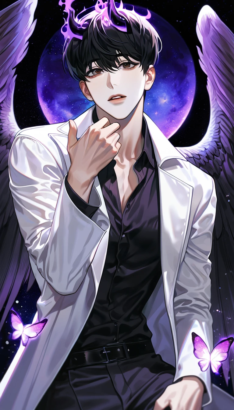 (absurdres, highres, ultra detailed, HDR) master piece, best quality, perfect face, Kim Dokja, black hair, expressive brown eyes, Omniscient reader's viewpoint, solo, sexy man, handsome, white coat, black shirt, black pants, black horns, black angel wings, purple moon, purple flames, purple butterflies, purple roses, starry sky