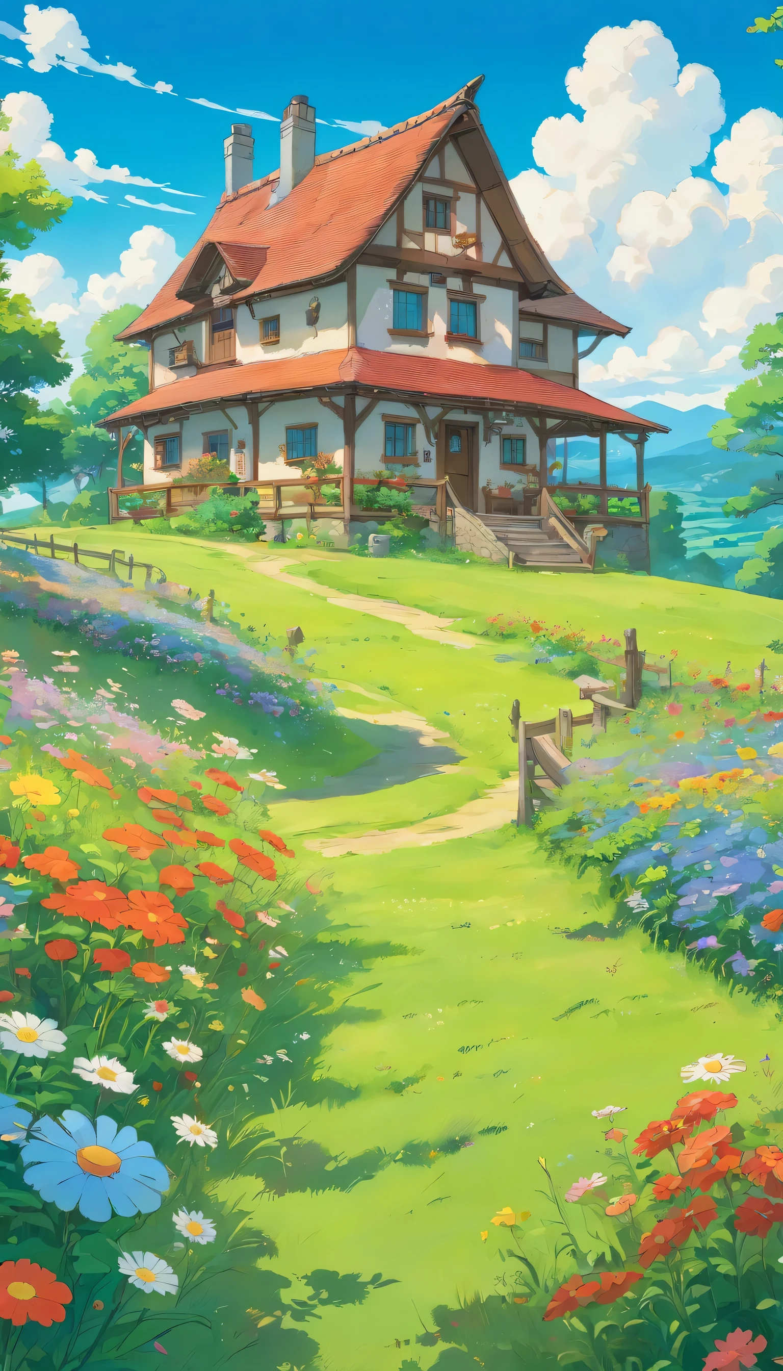 Beautiful farm house in open fields of green grass filled with wild flowers, blue sky and white clouds. Don't add humans and animals. Put the house on a highland.