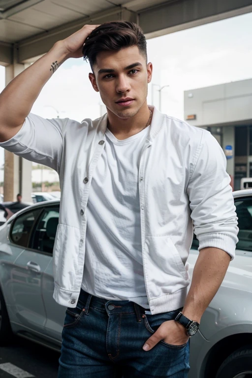Athletic young man, usando jeans branco, camiseta apertada branca, holding a white jacket on his arm, ao lado de um carro popular americano, dentro de um estacionamento