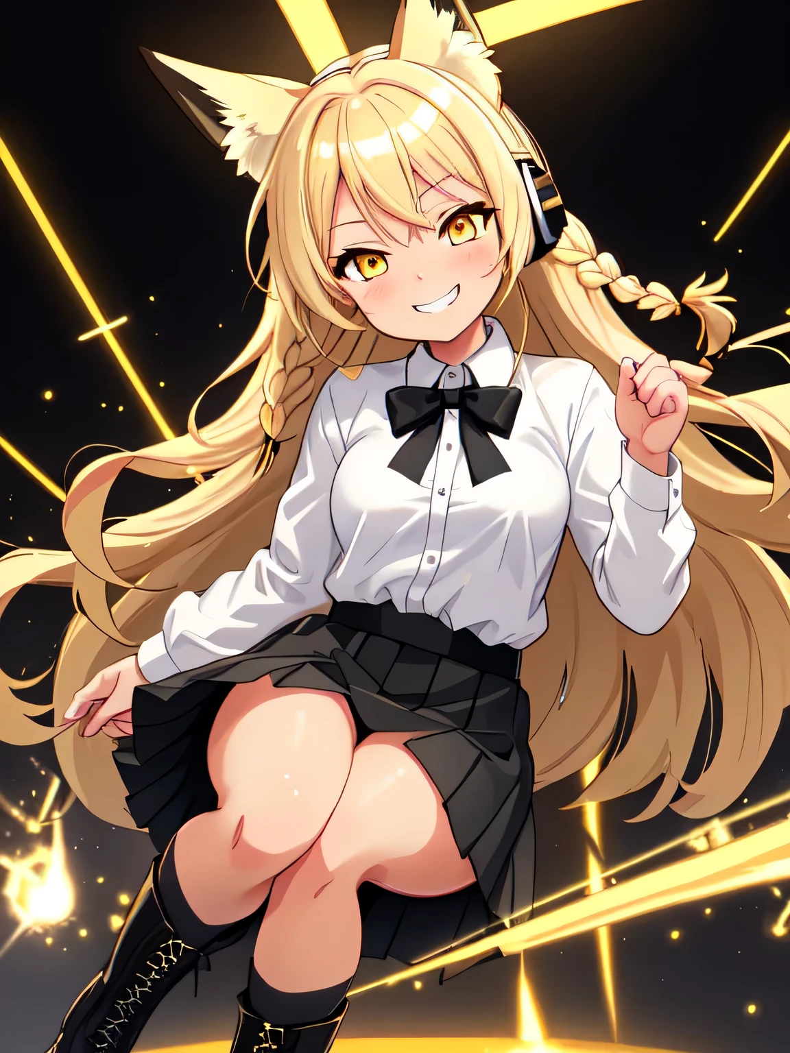 A tan girl, yellow eyes, small breasts, blonde braided hair, blonde fox ears, wearing white button up shirt, black tie, black skirt, black combat boots, grinning, thick thighs with headphones animating an event with music