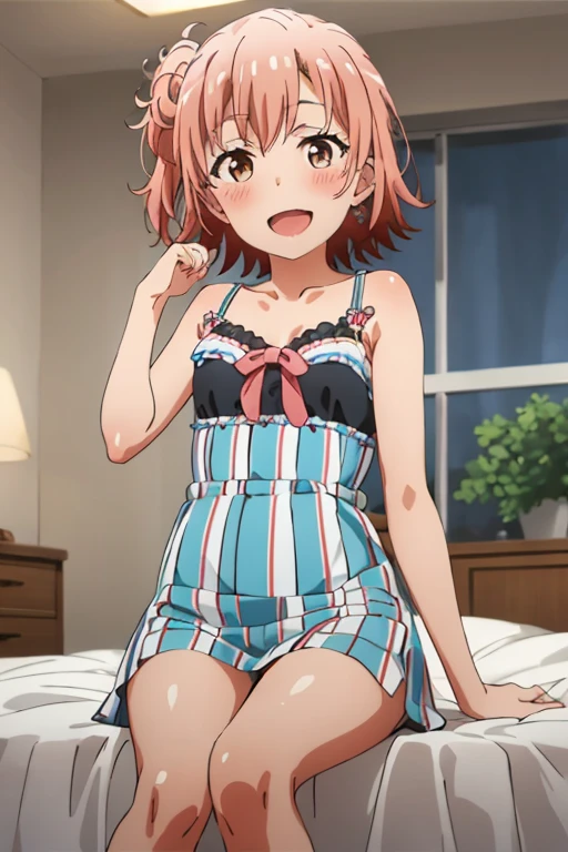 ((highest quality)), ((masterpiece)), (be familiar with), Perfect Face, indoor, Bedroom, Watching the audience,
One woman, Yuigahama Yui,
Open Mouth, Ecstatic expression, blush, smile,
Small breasts, Flat Chest, Young Girl, , , Girl,
Short Hair, Salmon-colored hair, Salmon-colored eyes, Side Pony,
Leg spread,