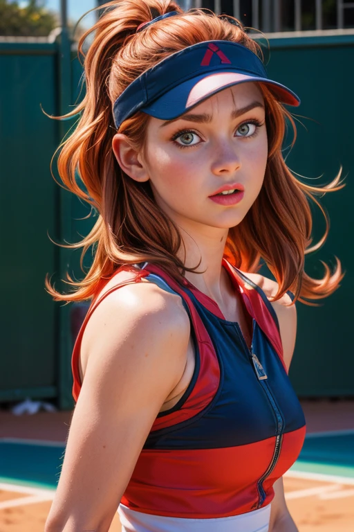 une femme de 25 ans, rousse, soubrette, very detailed, sexy, playing tennis