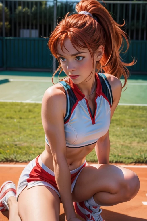 une femme de 25 ans, rousse, soubrette, very detailed, sexy, playing tennis