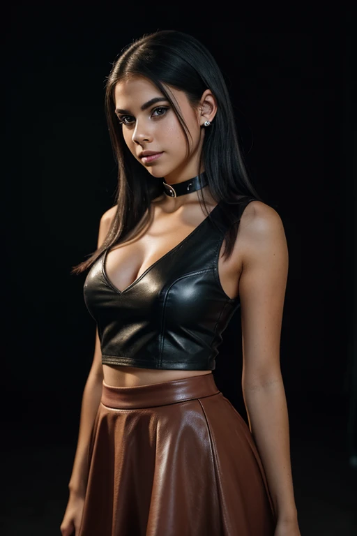 18 year old british girl, (short scottish red skirt), leather choker with hearts, medium breasts, (big big hips), black lips, green eyes, medium eyelashes, medium nose, medium ears, thick eyebrows, long black hair, looks away, natural skin, moles on skin, (cinematic, film grain: 1.1) smile, dynamic body posture, full body, + cinematic darkness, chiaroscuro, contrasted, ma(:0)disyn s(:0)hipman, all prologue, continuation, youth body, at the French Riviera film festival, corporate punk, wrapped, surreal, high quality photography , 3-point lighting, flash with softbox, 4k, leica m6, hp5 plus, sharp focus, high resolution, award-winning photography, medium photo grain, 50mm, f2.8, depth of field