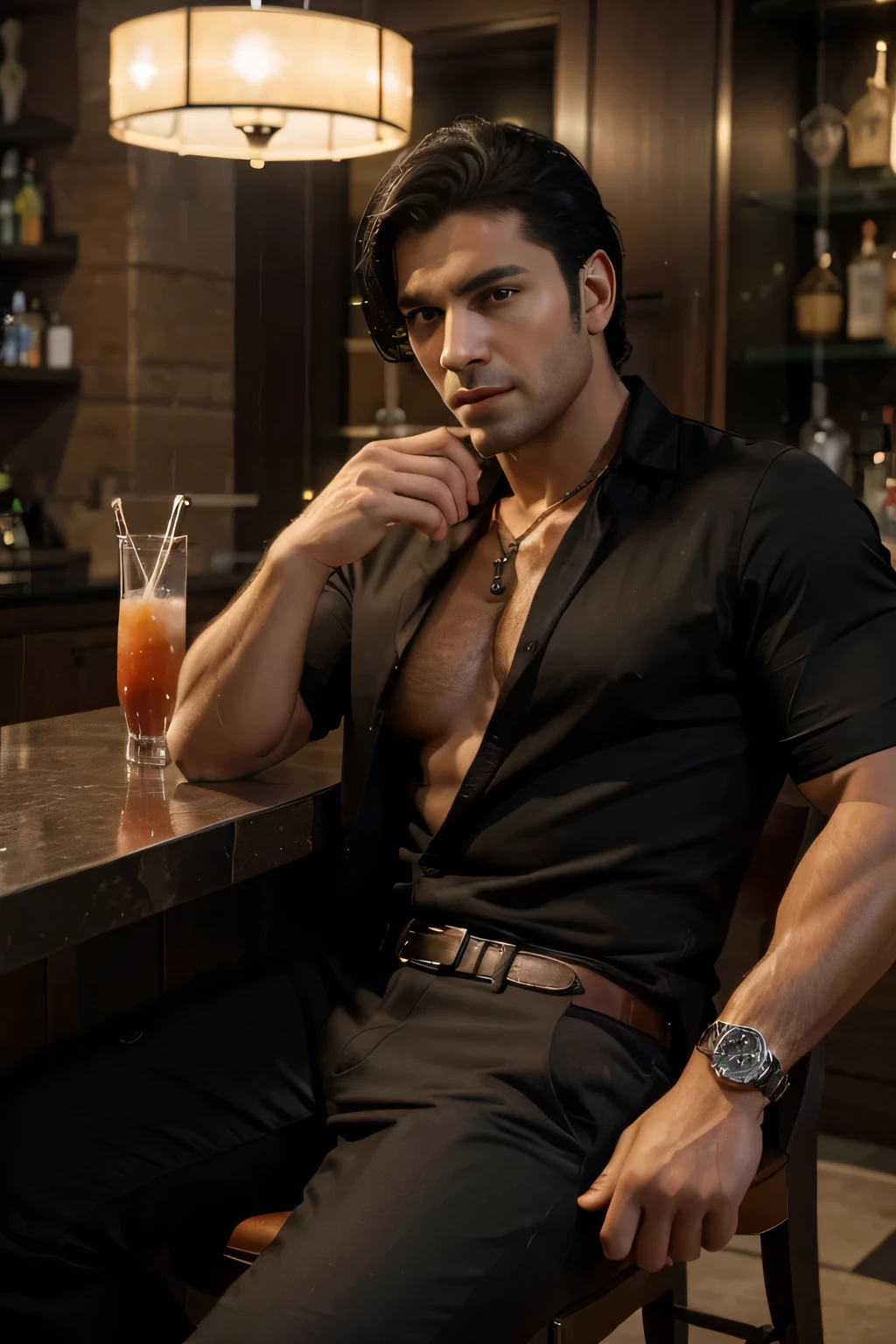 (best quality,4k,8k,highres,masterpiece:1.2), make man more realistic and good looking, full body view ultra-detailed,(realistic,photorealistic,photo-realistic:1.37),man in cool clothes black hair,muscle body, preto:1.1,colors,professional lighting,sharp focus,physically-based rendering sitting in bar with a drink wearing rolex watch