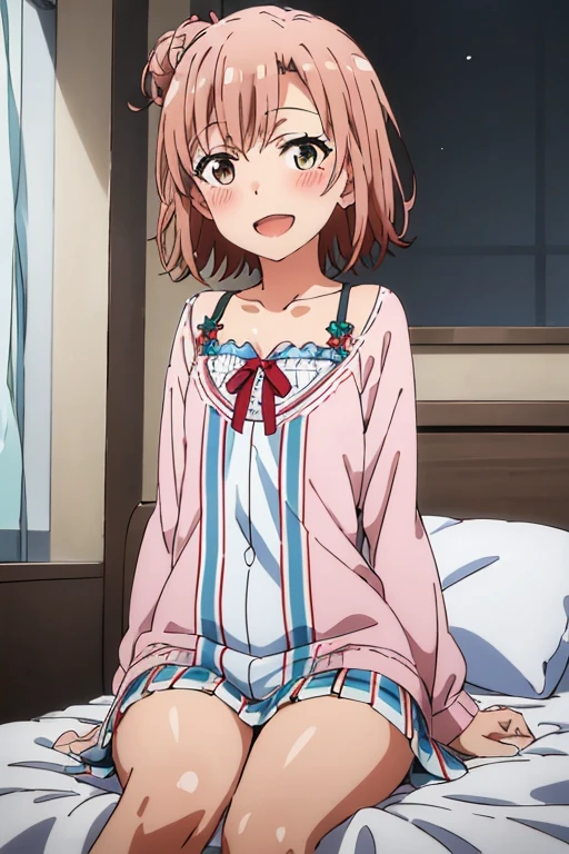 ((highest quality)), ((masterpiece)), (be familiar with), Perfect Face, indoor, Bedroom, Watching the audience,
One woman, Yuigahama Yui,
Open Mouth, Ecstatic expression, blush, smile,
Small breasts, Flat Chest, Young Girl, , , Girl,
Short Hair, Salmon-colored hair, Salmon-colored eyes, Side Pony,
Leg spread,