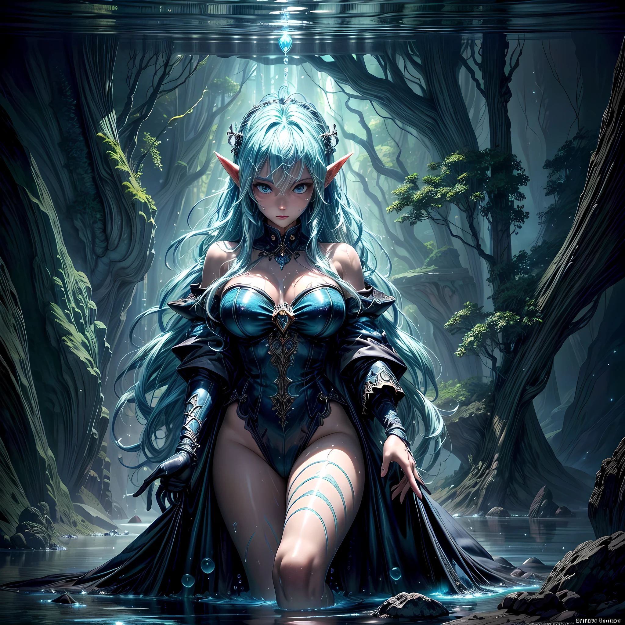 high details, best quality, 16k, [ultra detailed], masterpiece, best quality, (extremely detailed), dynamic angle, ultra wide shot, RAW, photorealistic, fantasy art, dnd art, rpg art, realistic art, an ultra wide picture of a sea elf (1.5 intricate details, Masterpiece, best quality) water mage casting ((water control spell)), water wizard ((water magic, intense magic details)), (( controlling a swirling mass of water)), magical symbols, female sea elf, blue skin, green hair, long hair, swirling hair, intense eyes, small pointed ears, ((blue eyes)), ((glowing eyes)), armed with magical wand, wearing sea shell clothing, beautiful elf, underwater background, rich underwater life, ((magical atmosphere)), fish and sea weeds, high details, best quality, highres, ultra wide angle