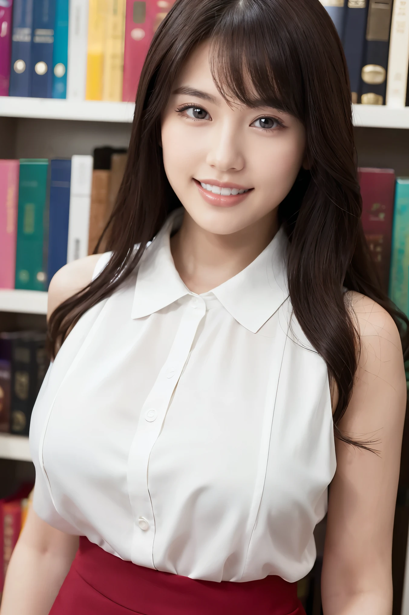 (highest quality、Tabletop、8k、Award-winning works、Ultra-high resolution、Best image quality)、One beautiful woman、(White polyester sleeveless collared blouse:1.2)、(Elegant black tight skirt:1.1)、(Huge breasts:1.1)、The most beautiful smile is looking at me、laughing out loud, Show off your beautiful teeth、(Elegant round glasses:1.1)、Beautiful and elegant very long wavy hair、library、(Standing Elegantly:1.1)、(Strongly blurred background:1.1)、Stand next to a bookshelf、(Perfectly organized bookshelf:1.1)、Bookshelf in the background、居心地の良いlibrary、lipstick、Long eyelashes、Heavy makeup、Perfect Makeup、Colored contact lenses、Accentuate your body lines、Big ample breasts、Soft and warm lighting、Detailed bookshelf、(Ultra-high resolutionの正確な美しい髪:1.1)、(Accurate anatomy:1.2)、Ultra-high definition beautiful eyes、Ultra-high definition beautiful teeth、(Super bright and radiant skin:1.1)