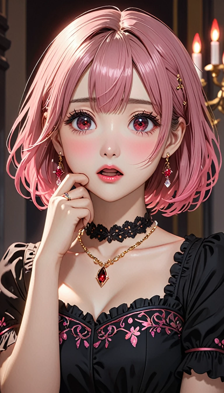 National Science Foundation,masterpiece,High resolution,8K,Art,digit,Three-dimensional,Realism,Kyoto Animation Style,your name movie style,looking into camera,Soft Light,Glowing skin,(1 female: 1.3),(alone: 1.4),(((gold and pink,Ombre hair))),(Gorgeous black ta),Black Lolis inlaid with dark red gems,(crystal hairpin),(small crystal necklace),(crystal small earrings),(crystal bracelet),(Crystal ring on index finger),Long eyelashes,Slender legs,Short Bob,Close-up of upper body,Close-up,close view,In the gothic castle,(dark red eyes),(open mouth),(blush),(shy),(lovely and delicate),(Pitiful),(((surprised)))