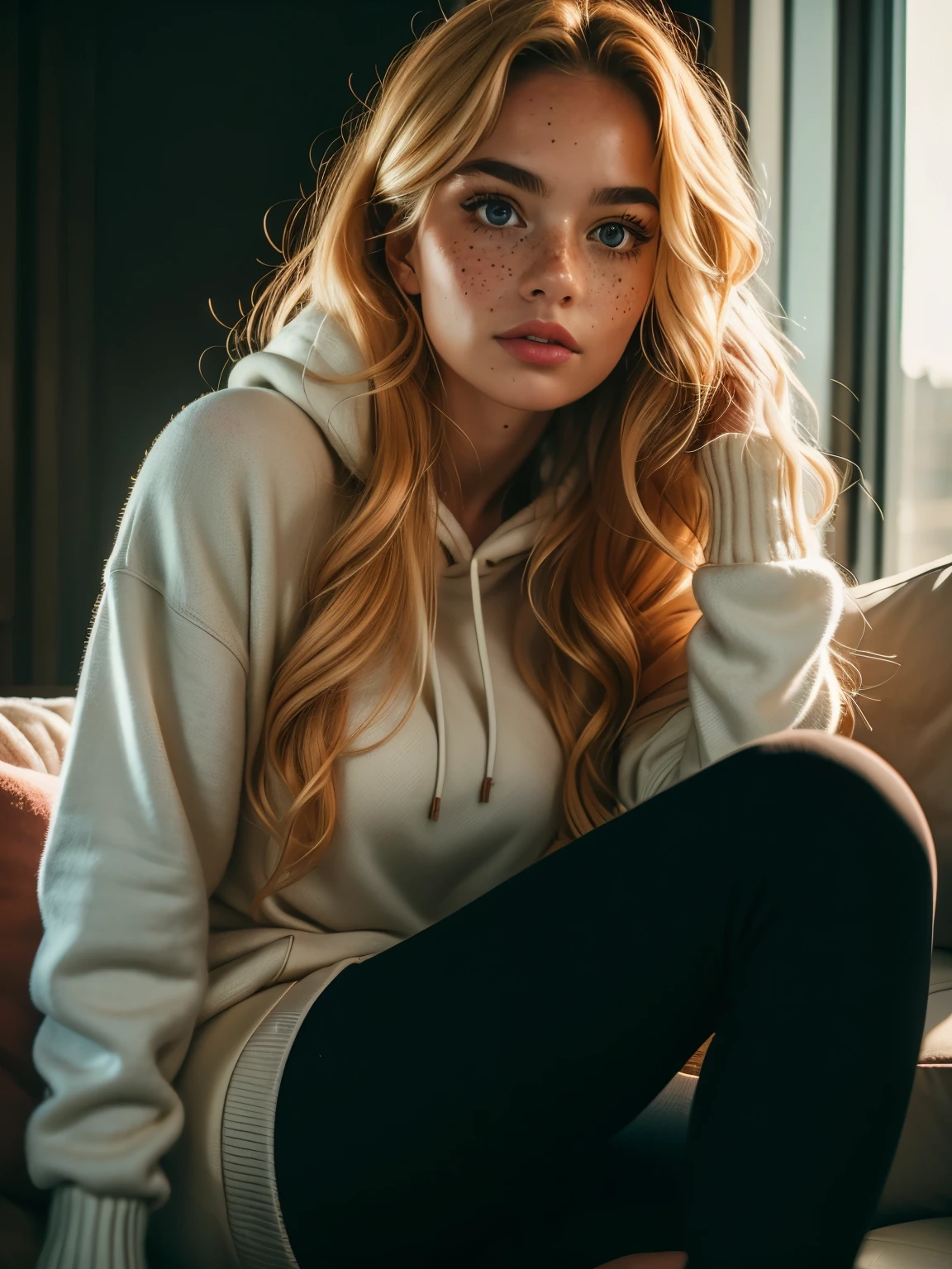 professional portrait photo of a gorgeous Norwegian girl in loungewear with long wavy blonde hair, sultry flirty look, freckles, gorgeous symmetrical face, cute natural makeup, sitting on the sofa in black pants and an oversized hoodie, quality face