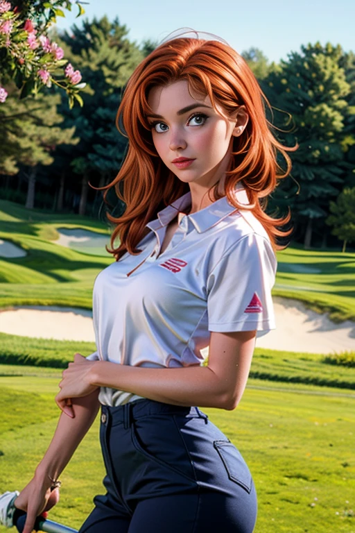 une femme de 25 ans, rousse, soubrette, very detailed, sexy, playing golf