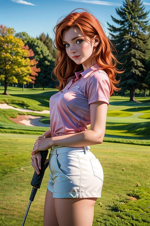 une femme de 25 ans, rousse, soubrette, very detailed, sexy, playing golf