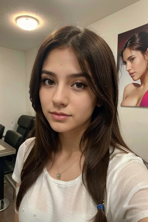Chica joven, piel blanca, hermosa, cabello largo, peinado coleta de caballo, delgada, rostro de rasgos finos