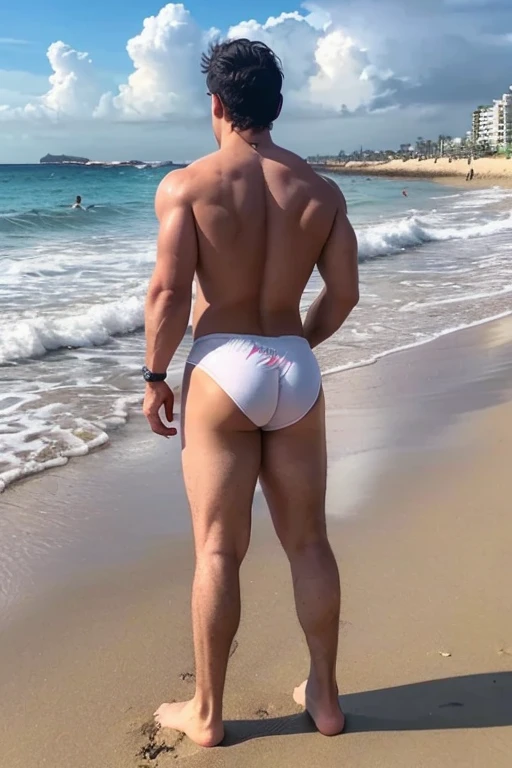 A men standing on sand of beach, facing towards beach enjoying beautiful view of beach, having great body features, round beautiful buttocks, thick thighs, beautiful legs, beautiful overall body.....