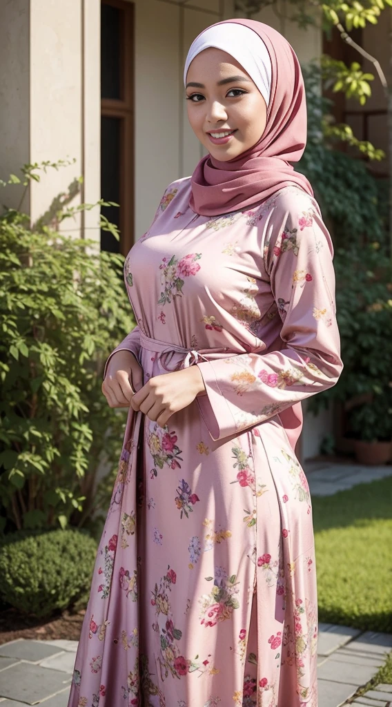born, highest quality, High resolution, masterpiece: 1.3), beautiful Malay woman in Hijab,masterpiece, perfect fit body, ((Huge breasts)), 大きなbeautiful目, A kind smile,muslim woman in a floral dress and Hijab posing for a picture, Hijab, with lovely look, beautiful色彩で, with accurate face, Pose 4 / 1 6, Traditional beauty, Batik, beautiful服を着る, beautiful, beautifulエキゾチックな, Attractive pose, Cute pose, Peach and sesame style, scarf, Wearing a pink floral kitten, Very attractive , She is smiling,delicate turtleneck, necklace, hair band, Afternoon Walk, City Garden, Excellent lighting, Bright colors, Clean Lines