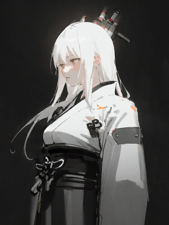 1 girl, whole body, White hair, Long hair, Orange and White Parker, White boots, shorts, futuristic city, Neon, 最好的质量Cyberpunk city, (cyborg body:1.2), Perfect face, extremely detailed eyes, (Upper Body:1.2), (kimono:1.3) Dystopia, glowing Neon, SFW, The city is in (night:1.3), Cyberpunk city street, Cyberpunk, night, Neon,Ink style