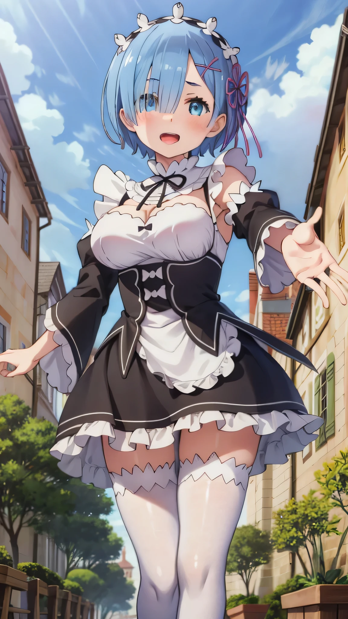 {{{masterpiece}}}, {{{best quality}}}, {{ultra-detailed}}, {illustration}, {{an extremely delicate and beautiful}}, 8k, NSFW, rem (re:zero), phRem, 1girl, blue hair, hair over one eye, blue eyes, hair ornament, x hair ornament, maid, blush, roswaal mansion maid uniform, big breasts, detached sleeves, black ribbon, white thighhighs, zettai ryouiki, looking at viewer, BREAK, Medieval Europe A blue-haired maid is smiling with her arms outstretched against a building in the background, outstretched arms, open mouth, day, under the sunlight 