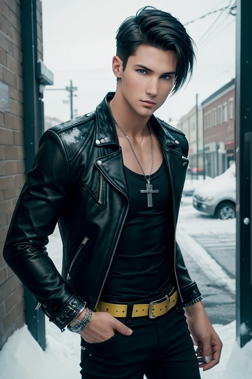 James Maslow 20-year-old boy with open black jacket, blue t-shirt with snow print, short black hair, punk style, yellow locks, black jeans, green eyes, black leather belt, silver buckle, slim muscular build, cross medallion, silver bracelet, looking straight at the viewer
