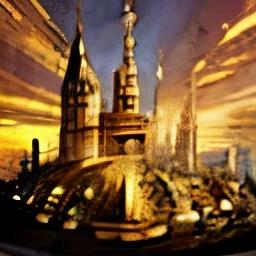 Um duende dourado, with a flaming golden sword with golden armor and king of a medieval empire and landscape a castle on a golden background