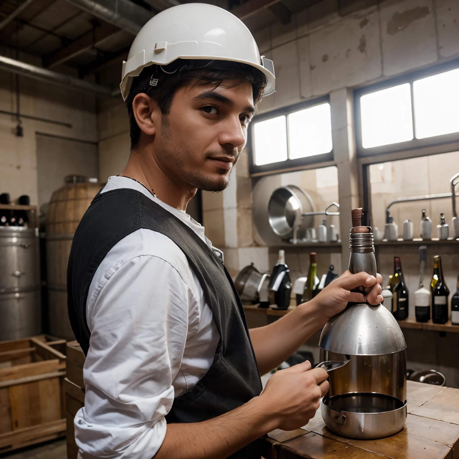 Un ingeniero con casco blanco dirigiendo una industria de vino