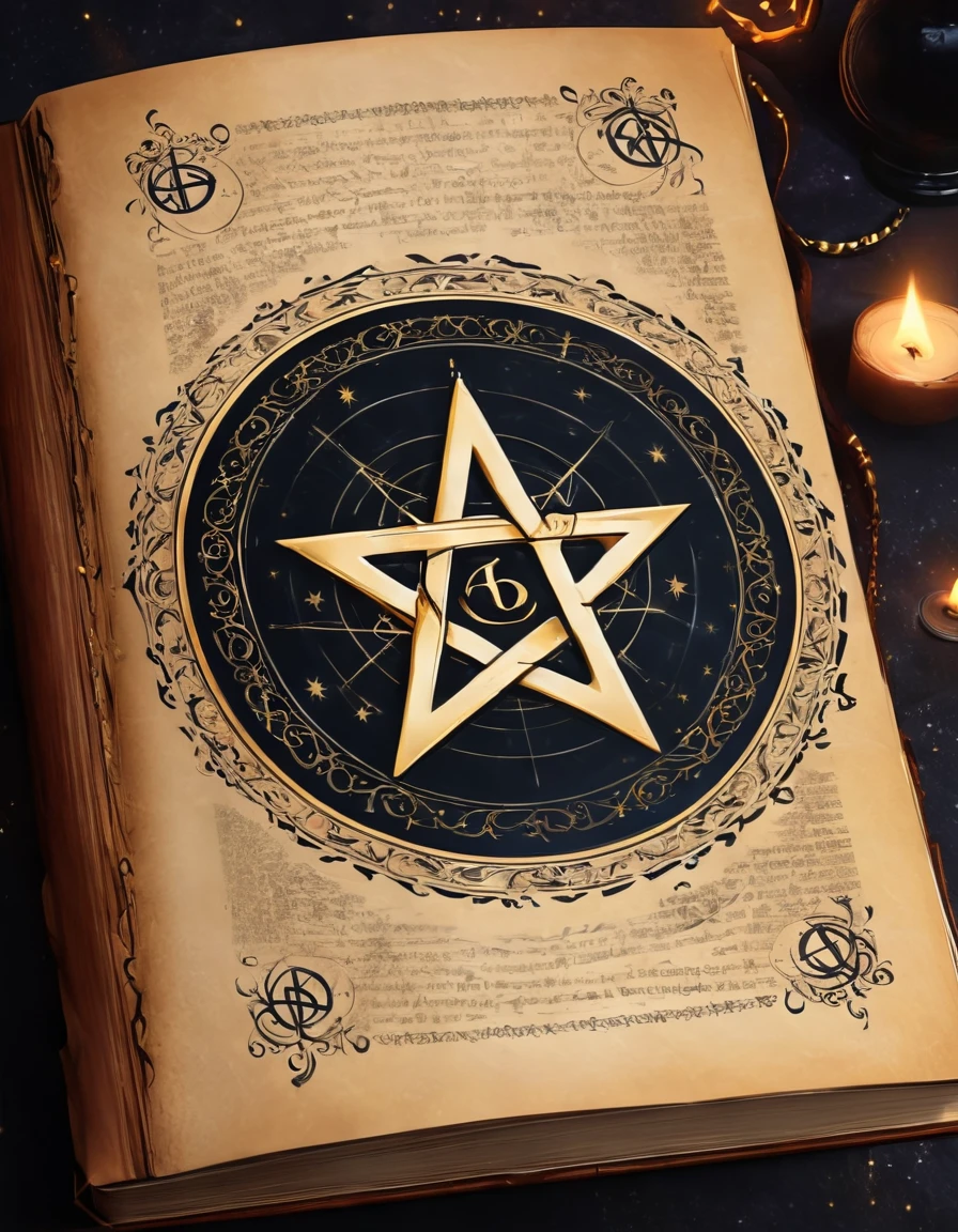 Realistic detail, photo 8K un grimoire avec un monde magique avec le symbole de la magie weeca le symbole du Pentagram