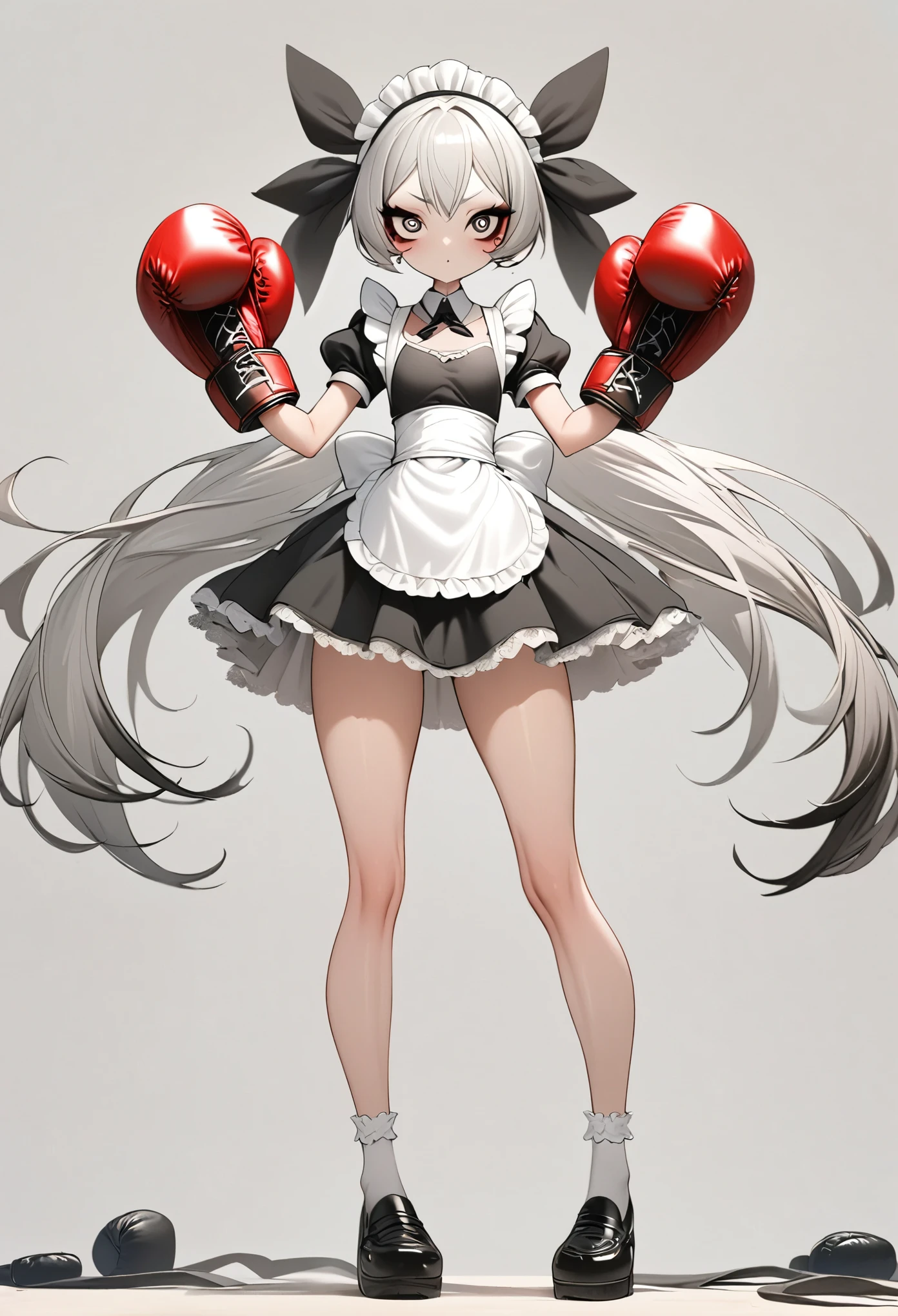 1 Girl，Unique，big eyes，Exquisite facial features，Dark eyeshadow，Maid costume，Silver hair，Thin waist，Extra long legs，Standing，upright，sock，shoe，Boxing gloves