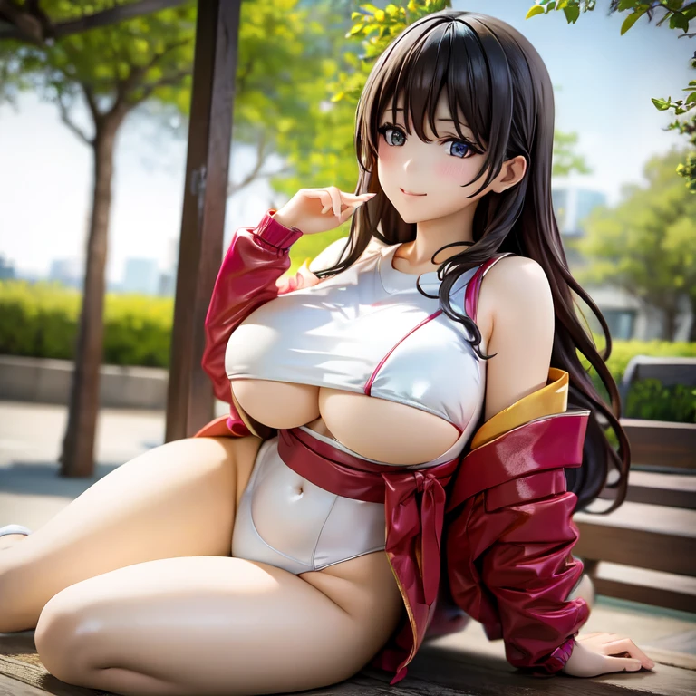 highest quality、High resolution、One Japanese woman、adult、Age 25、sexy、Big Breasts、Long Hair、Black Hair、She is wearing a tight fitting white bikini swimsuit、とてもsexyな白いビキニの水着を着ている、((Very naughty))、Wearing red high heels、A shy smile、Urban park、Standing alone in the park、
