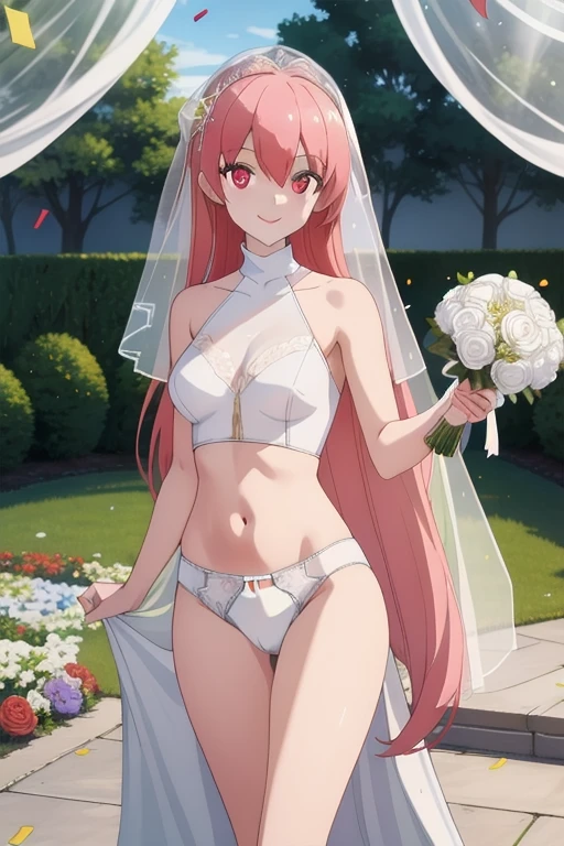 masterpiece, best quality, highres, wedding dress, white dress, garden, holding bouquet, confetti,Shoulder Bare、midriff peek、bare legs、very long veil、(She showed off her white panties:1.5)、((Glowing Skin:1.2))、cameltoe、smile、（Tsukasa Tsukuyomi:1.5), Detailed eyes