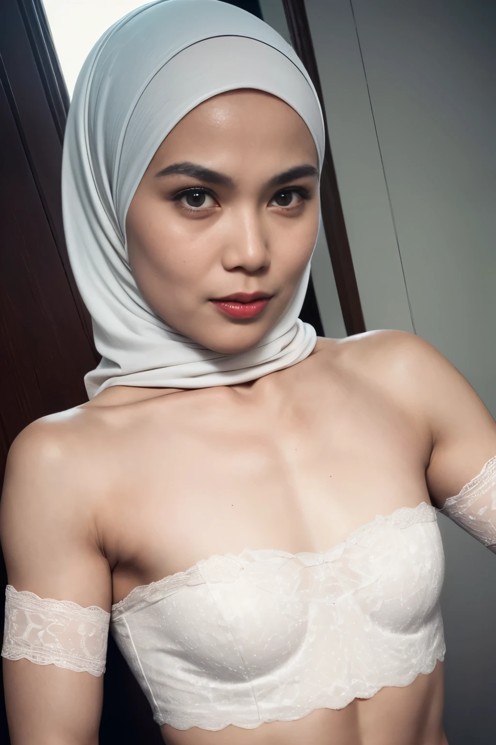 ((SHORT HIJAB)), ((Flat chest:1.7)), (dynamic photograph of a 58 year old Indonesian woman), (slim top, cotton panties), (straight non curly hair), (highly detailed face:1.4), (vascular muscles and abs:1.3), (background inside light, bright, private gym:1.1), (8k, uhd, dslr, high quality, cinematic lighting, bokeh), (dramatic, award winning photography, incredible masterpiece:1.3), (((sexy sultry stare at camera:0.8))), close up, ((she is ready to dominate you:0.5)), ((beautiful feminine face)) (she is a champion MMA fighter), add_detail:1, ((Wearing strapless pastel)) lace white & white , from behind view, seductive pose 