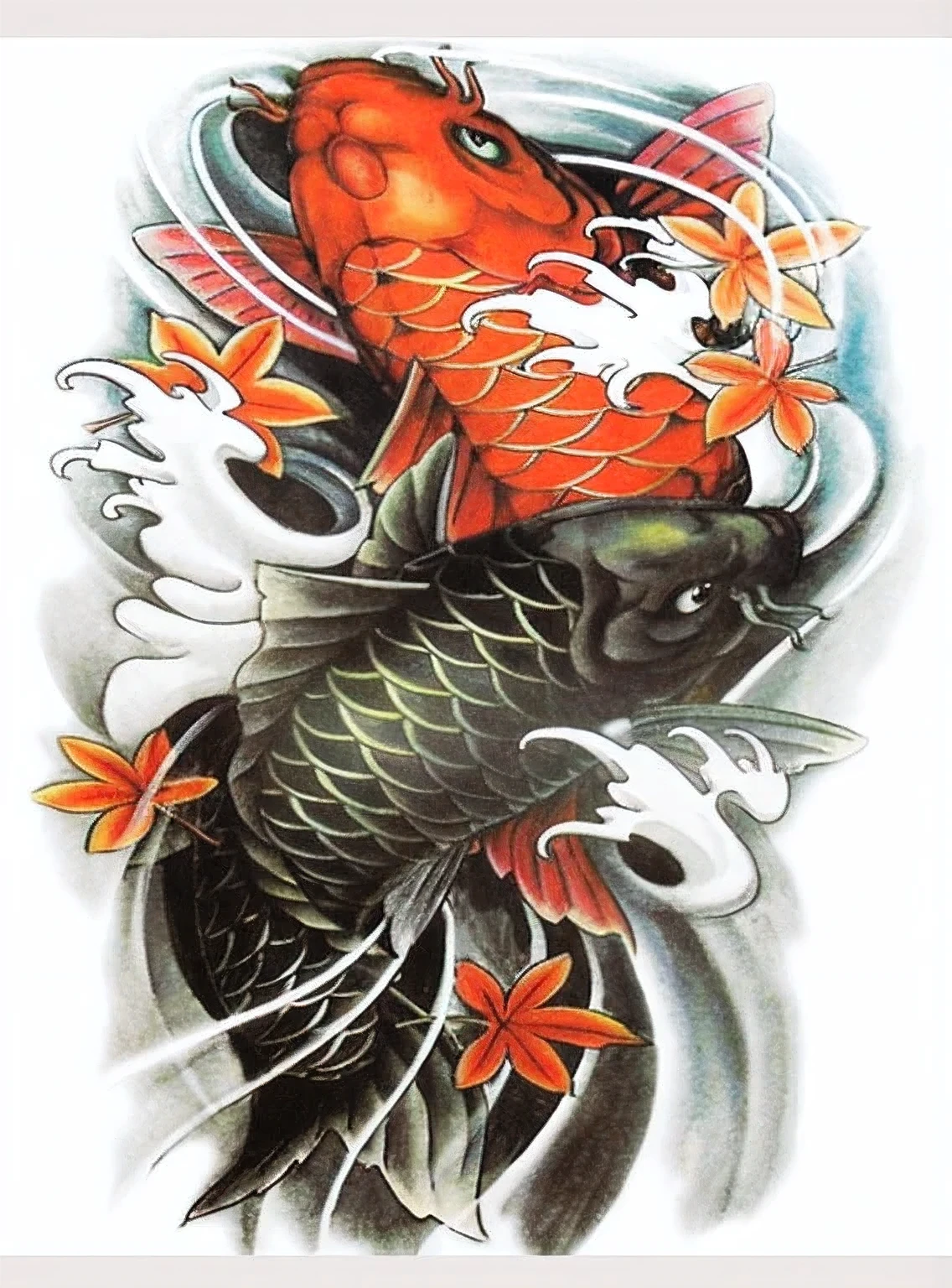 Close-up of a fish with a flower in its mouth, Require fish, floating Require fish, Require, Require fishes, panoramic, ( ( ( Require colors ) ) ), diego Require, Full Body View, Oriental tattoos, Require colors, Tattoo Graphics, Tattoo as a whole, Left arm to back, Full color illustrations, samurai deity with Require armor, Temporary tattoos