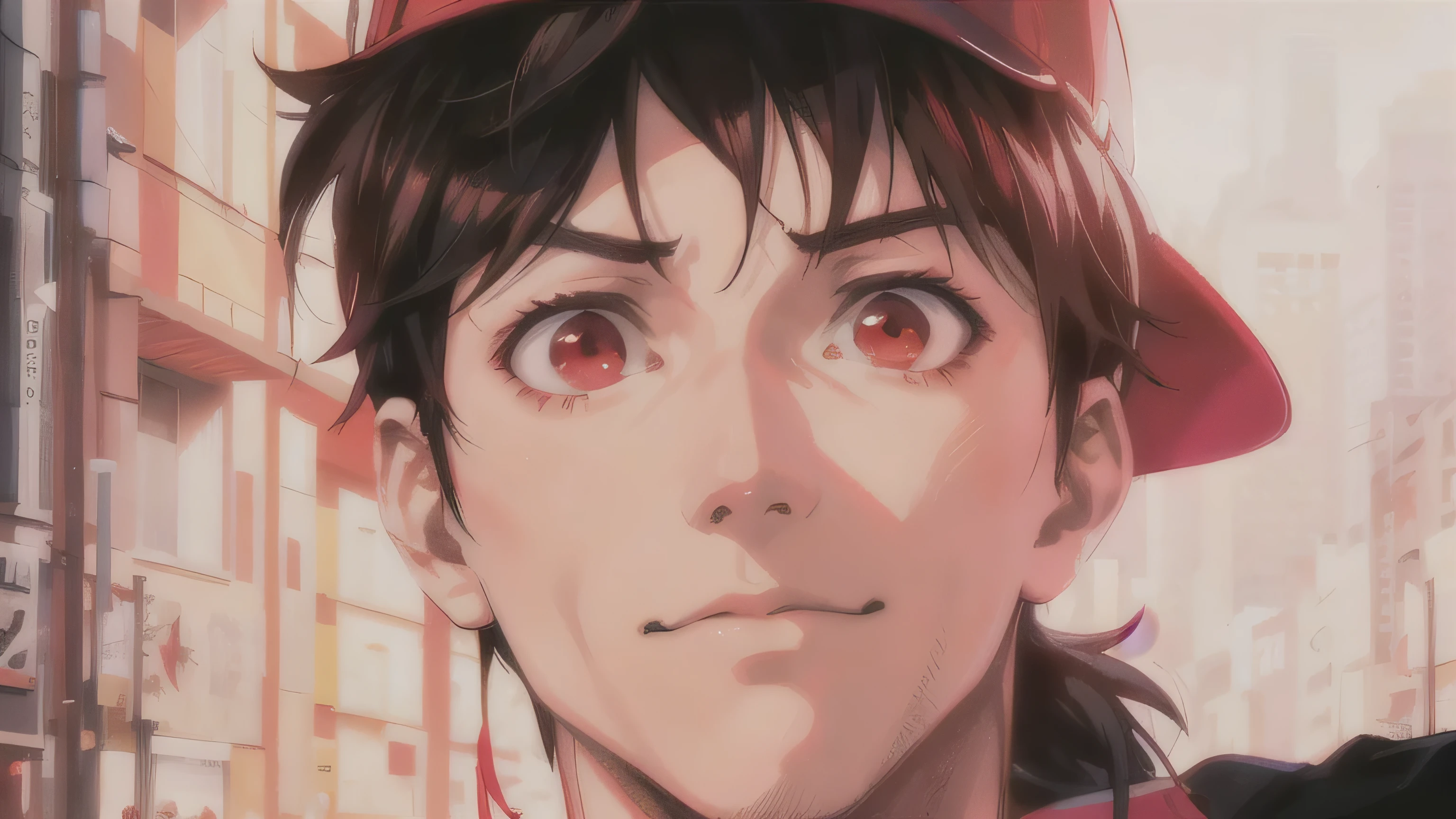 anime boy with red eyes and a red hat looking at the camera, estilo de arte akira, Kuvshinov Ilya, estilo de arte de anime realista, rosto de Ilya Kuvshinov, estilo anime 3 d realista, Retrato de Eren Yeager, makoto kano, estilo de realismo de anime, Makoto Shinkai e Artgerm, makoto shinkai ( apex legends )