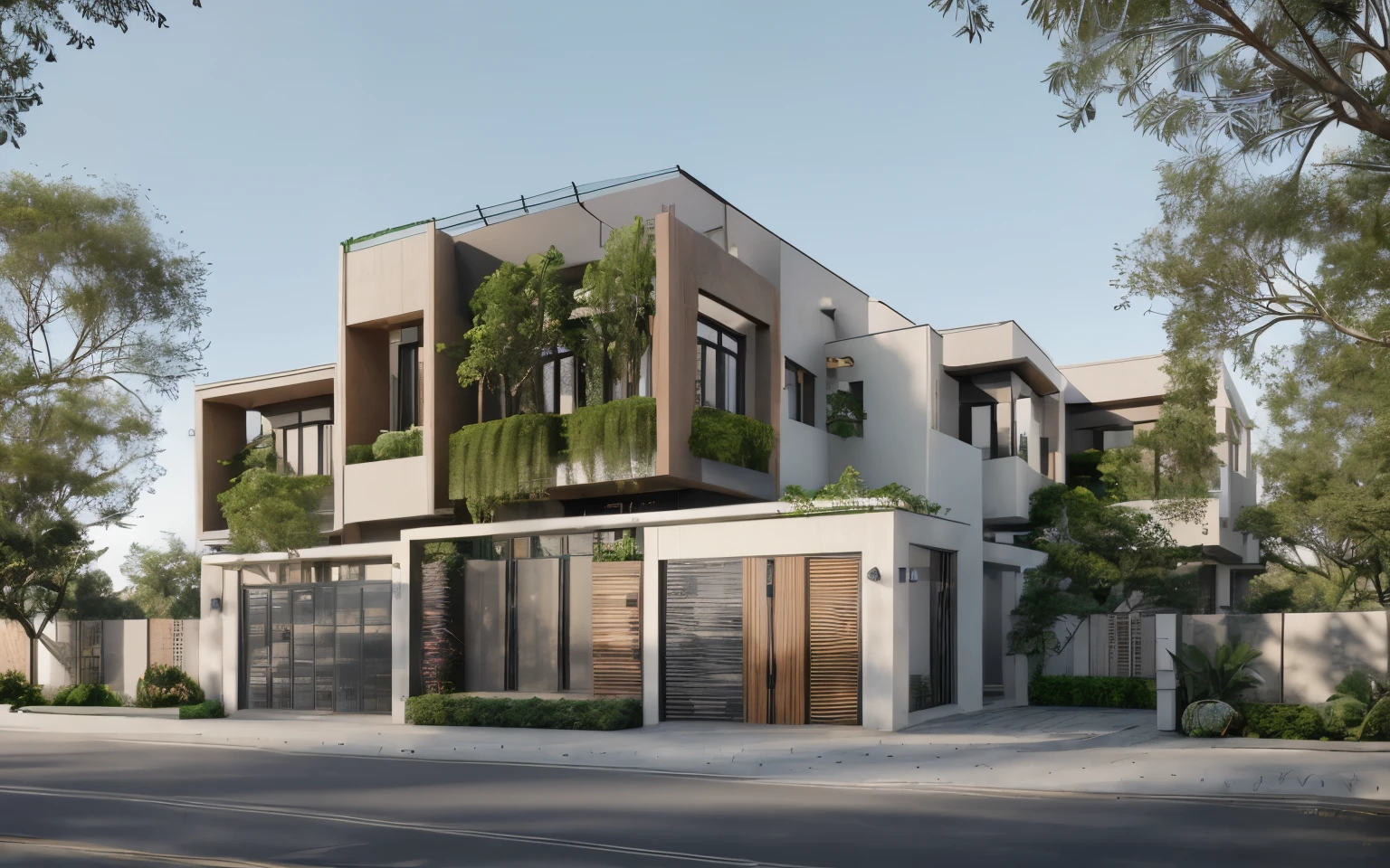 Townhouse in city, (sharp focus) front view of townhouse in style of modern, Vietnamese architecture, east asian architecture, town, blue sky, daylight, warm light, warm atmosphere, high Resolution, 8k, hdr, vray render, hyper realistic, ultra detail, hyper detailed, exterior design professional photography, exterior photography, wide-angle shot, real world location, road sign, cityscape, pavement, (brown wooden ceilings, ceiling light, glass bancony, the front wall of the ground floor is made by black granite), (bancony have many trees, plans, ivy, palm)