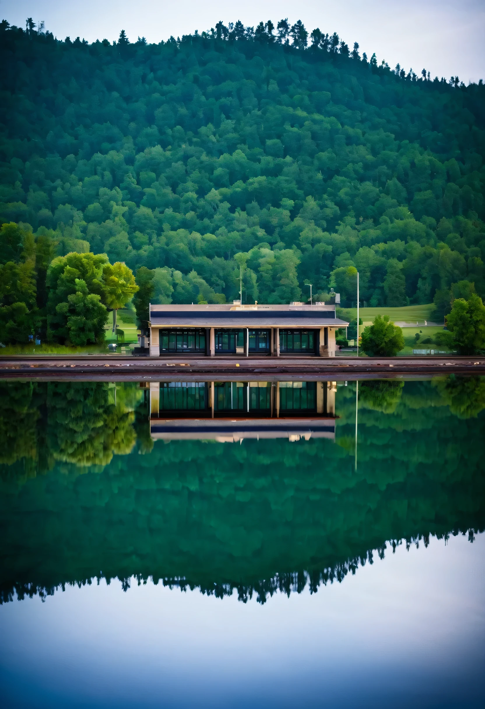 A railroad station reflecting off a nearby lake