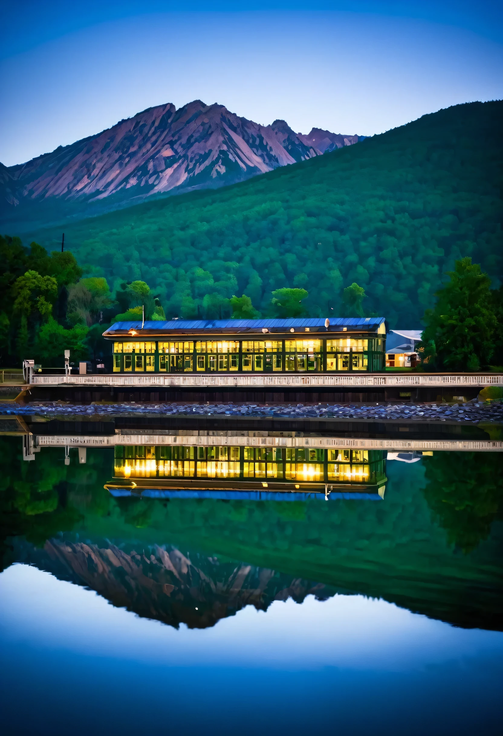 A railroad station reflecting off a nearby lake