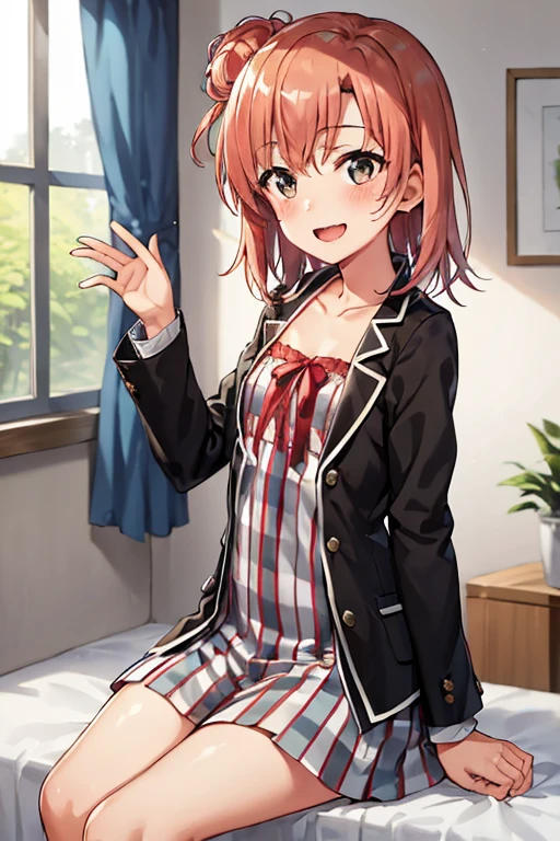 ((highest quality)), ((masterpiece)), (be familiar with), Perfect Face, indoor, Bedroom, Watching the audience,
One woman, Yuigahama Yui,
Open Mouth, Ecstatic expression, blush, smile,
Small breasts, Flat Chest, Young Girl, , , Girl,
Short Hair, Salmon-colored hair, Salmon-colored eyes, Side Pony,
Leg spread,