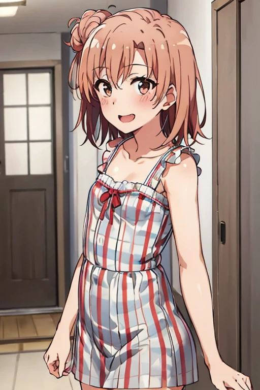 ((highest quality)), ((masterpiece)), (be familiar with), Perfect Face, indoor, Bedroom, Watching the audience,
One woman, Yuigahama Yui,
Open Mouth, Ecstatic expression, blush, smile,
Small breasts, Flat Chest, Young Girl, , , Girl,
Short Hair, Salmon-colored hair, Salmon-colored eyes, Side Pony,
Leg spread,