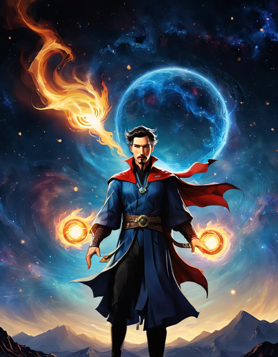 Un sorcier comme Doctor Strange, sans Plagiat dans un monde fantastique, with a galaxy background this one with a ball of fire in the left hand