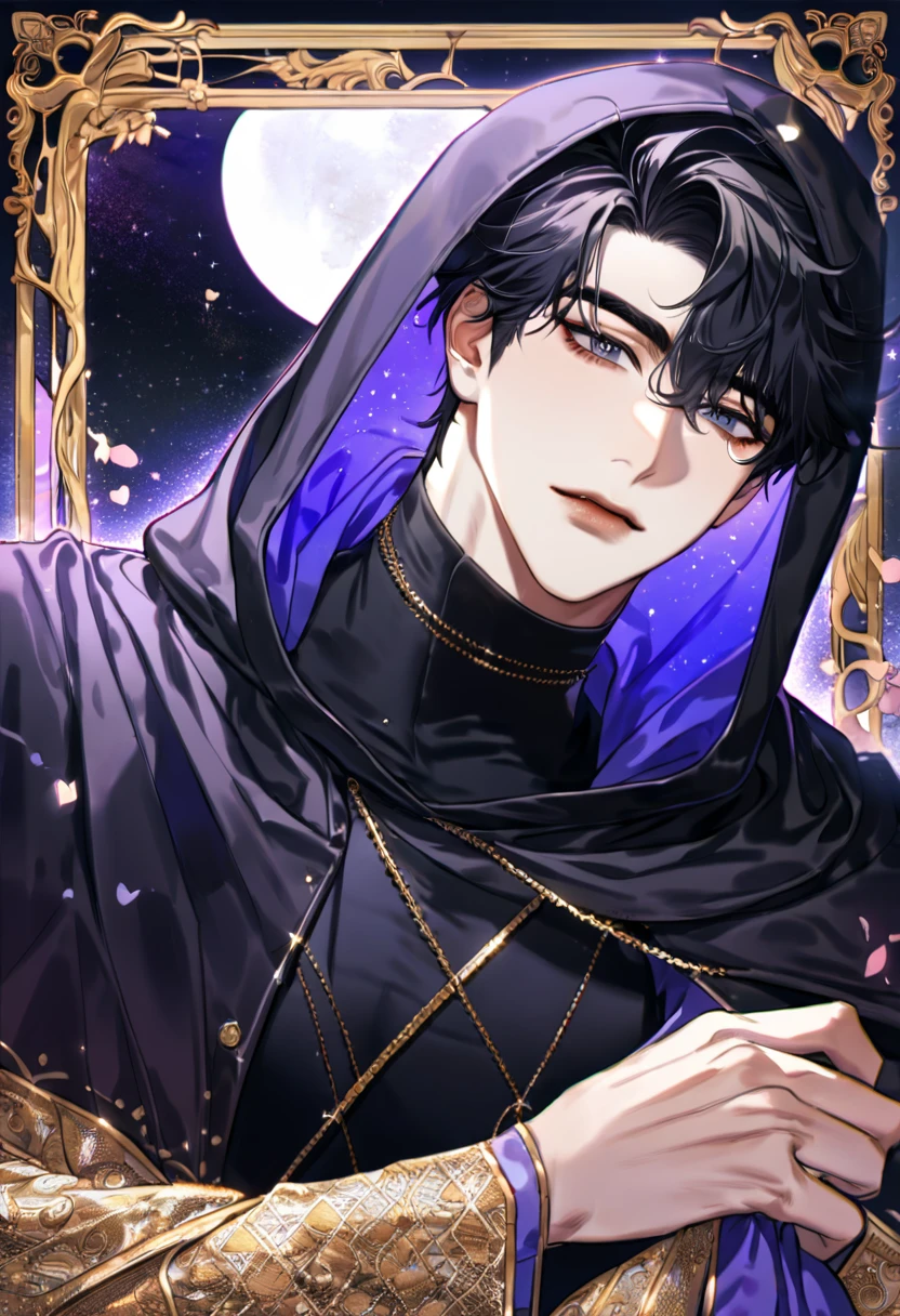 (absurdres, highres, ultra detailed, HDR) master piece, best quality, perfect face, delicate features, Yoo Joonghyuk, black hair, expressive gray eyes, Omniscient reader's viewpoint, solo, sexy man, handsome, black cape with a hood, black tight shirt, moon, purple flames, purple butterflies, purple roses, starry sky