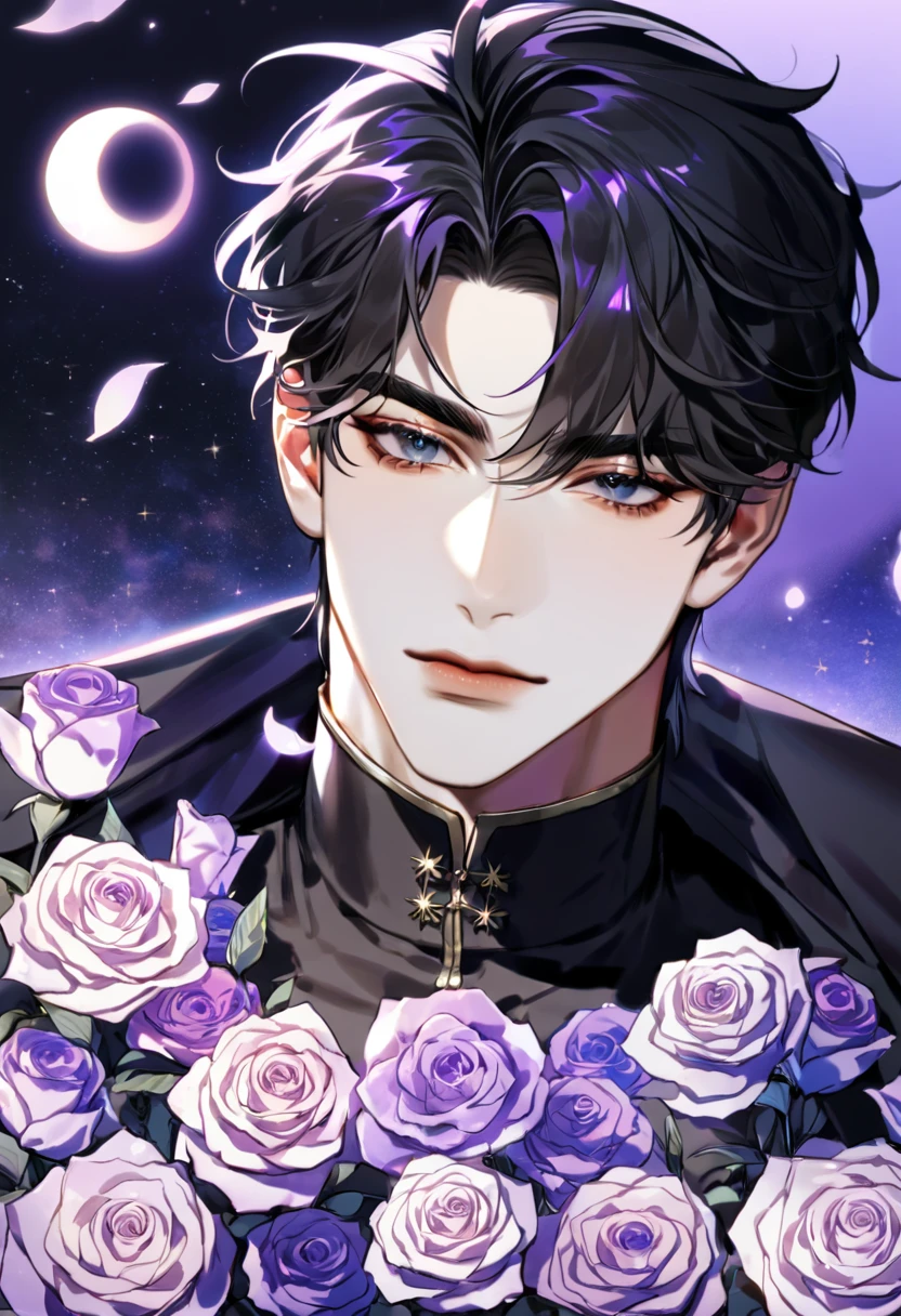 (absurdres, highres, ultra detailed, HDR) master piece, best quality, perfect face, delicate features, Yoo Joonghyuk, black hair, expressive gray eyes, Omniscient reader's viewpoint, solo, sexy man, handsome, black cape with a hood, black tight shirt, moon, purple flames, purple butterflies, purple roses, starry sky