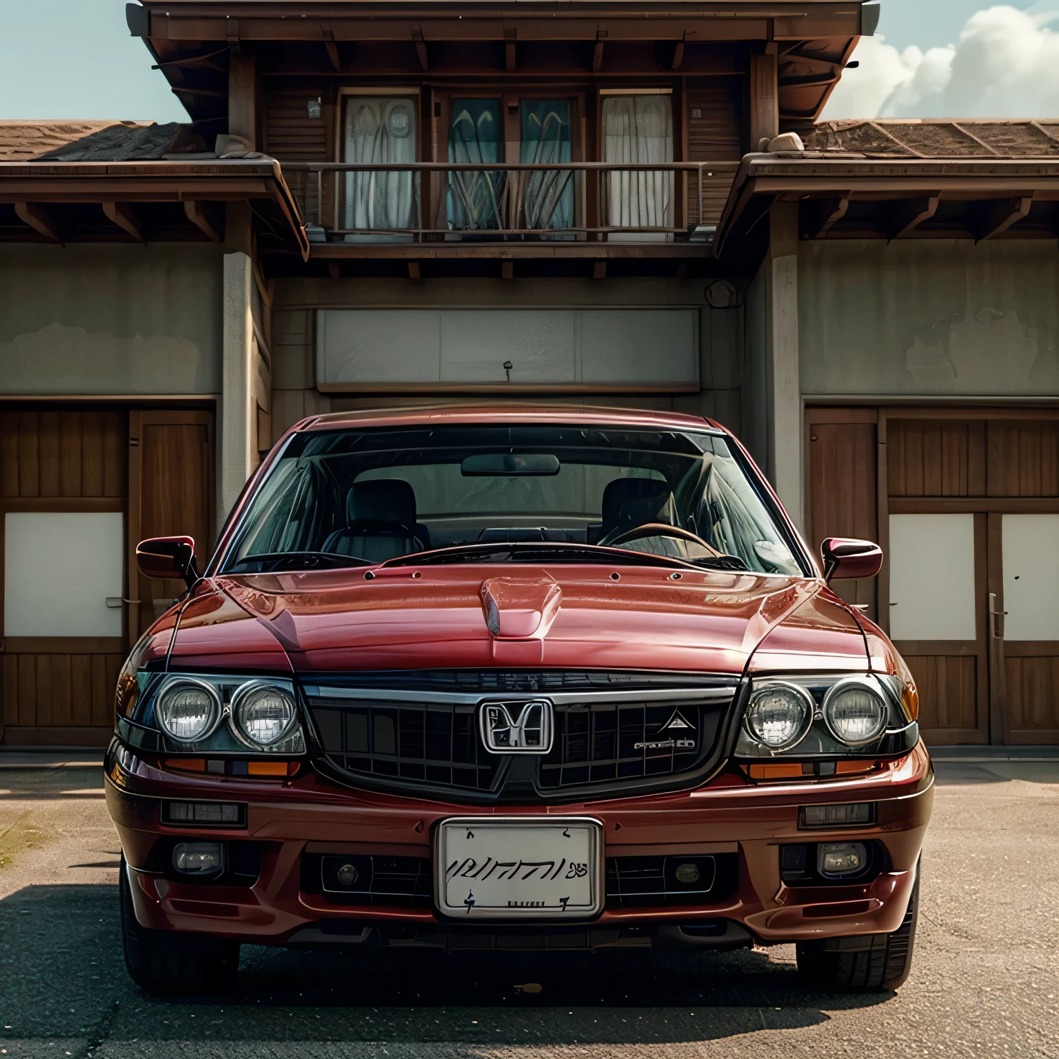 /imagine prompt: Honda Accord sedan 4 doors, 1986, red color, fhotorrealism,(((Ghibli style))), Spirited Away, Howl's Moving Castle, dreamy colour palette,
