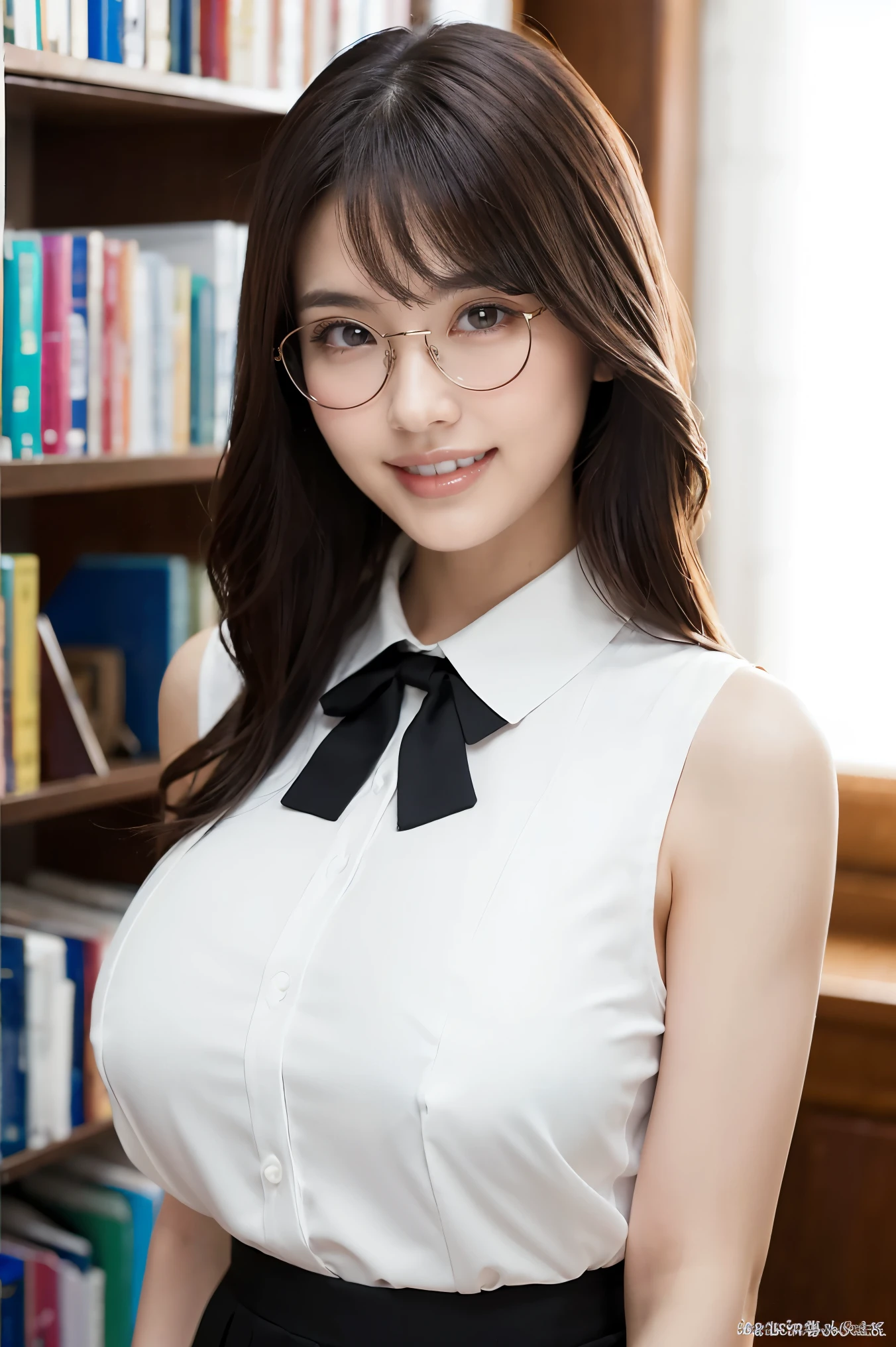 (highest quality、Tabletop、8k、Award-winning works、Ultra-high resolution、Best image quality)、One beautiful woman、(White polyester sleeveless collared blouse:1.2)、(Elegant black tight skirt:1.1)、(Huge breasts:1.3)、The most beautiful smile is looking at me、laughing out loud, Show off your beautiful teeth、(Elegant round glasses:1.2)、Beautiful and elegant very long wavy hair、library、(Standing Elegantly:1.1)、(Strongly blurred background:1.1)、Stand next to a bookshelf、(Perfectly organized bookshelf:1.1)、Bookshelf in the background、居心地の良いlibrary、lipstick、Long eyelashes、Heavy makeup、Perfect Makeup、Colored contact lenses、Accentuate your body lines、Big ample breasts、Soft and warm lighting、Detailed bookshelf、(Ultra-high resolutionの正確な美しい髪:1.1)、(Accurate anatomy:1.2)、Ultra-high definition beautiful eyes、Ultra-high definition beautiful teeth、(Super bright and radiant skin:1.1)