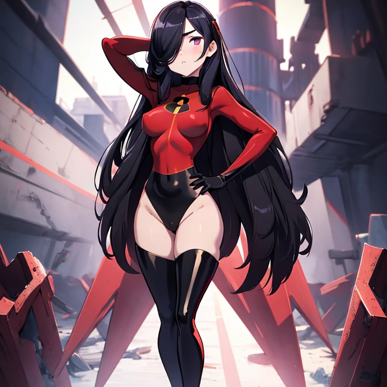 (full body),masterpiece, highest quality, (One girl), Violet Par, Eye mask，Long Hair, Black Hair,  Hair on one eye,  (Red hero suit)，Red bodysuit，black elbow gloves，Black Thigh Boots，Thick thighs，Place one hand on hip，upright，View your viewers, Face to endure humiliation, Simple Background 