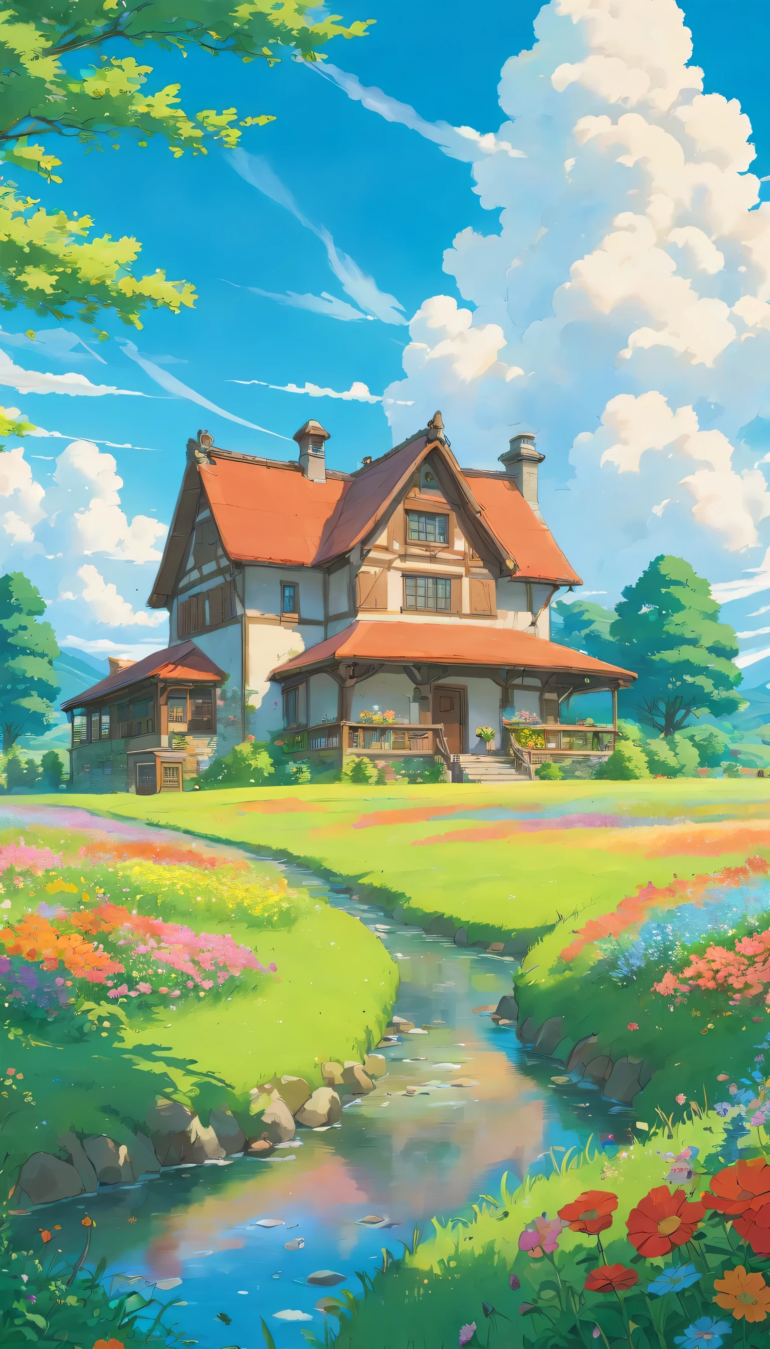 Huge farm house in open fields of green grass filled with wild flowers, blue sky and white clouds. Don't add humans and animals. Put the house on a highland. Add a small pond next to the house