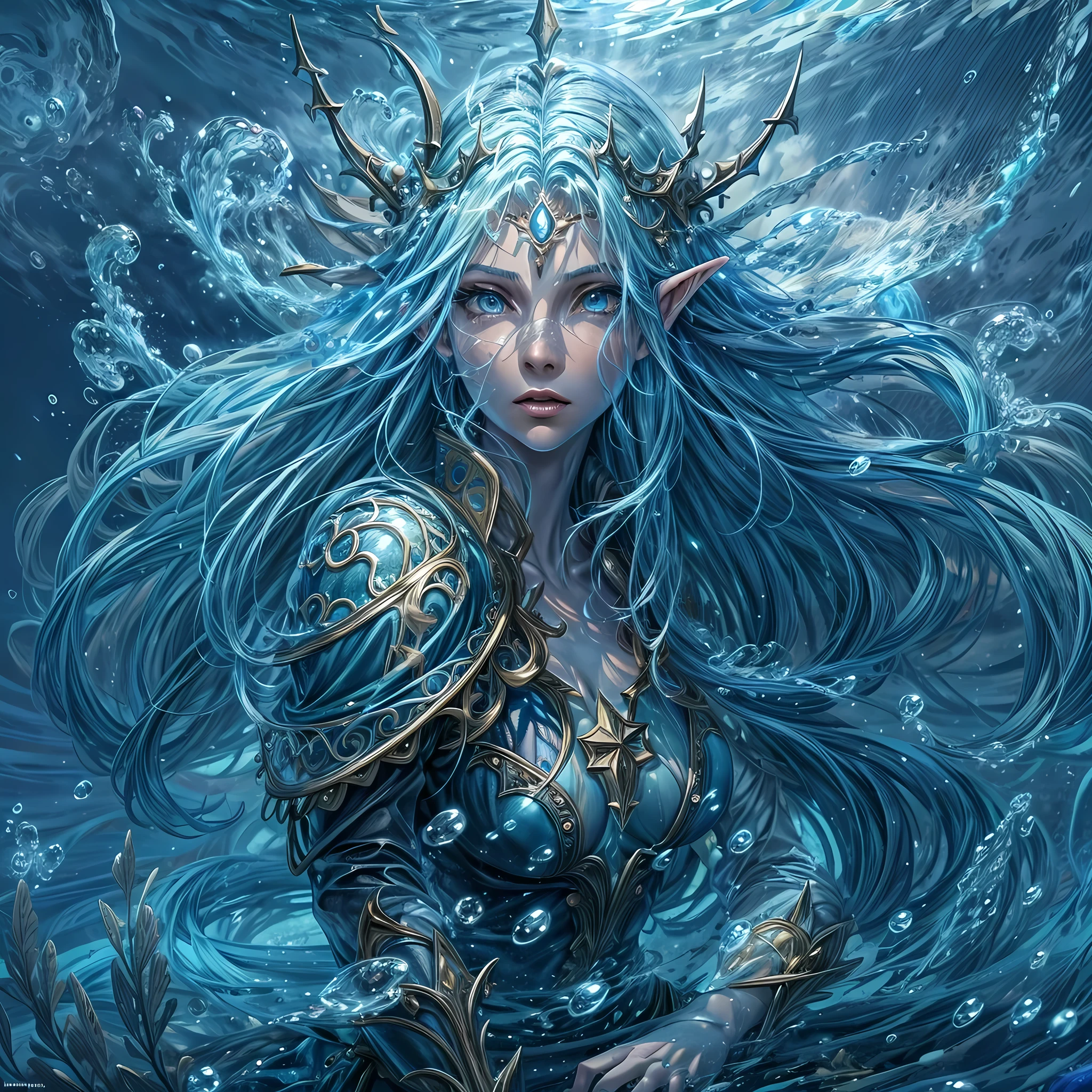 high details, best quality, 16k, [ultra detailed], masterpiece, best quality, (extremely detailed), dynamic angle, ultra wide shot, RAW, photorealistic, fantasy art, dnd art, rpg art, realistic art, an ultra wide picture of a sea elf (1.5 intricate details, Masterpiece, best quality) water mage casting ((water control spell)), water wizard ((water magic, intense magic details)), (( controlling a swirling mass of water)), magical symbols, female sea elf, blue skin, green hair, long hair, swirling hair, intense eyes, small pointed ears, ((blue eyes)), ((glowing eyes)), armed with magical wand, wearing sea shell clothing, beautiful elf, underwater background, rich underwater life, ((magical atmosphere)), fish and sea weeds, high details, best quality, highres, ultra wide angle