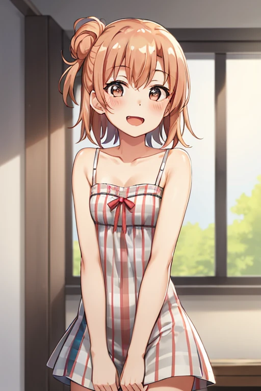 ((highest quality)), ((masterpiece)), (be familiar with), Perfect Face, indoor, Bedroom, Watching the audience,
One woman, Yuigahama Yui,
Open Mouth, Ecstatic expression, blush, smile,
Small breasts, Flat Chest, Young Girl, , , Girl,
Short Hair, Salmon-colored hair, Salmon-colored eyes, Side Pony,
Leg spread,