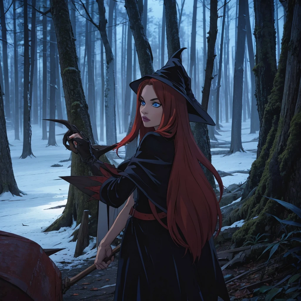 Red with long hair witch , magic crystal blue enchanting eyes , Halloween dark forest, witch forest, dark witch costume
