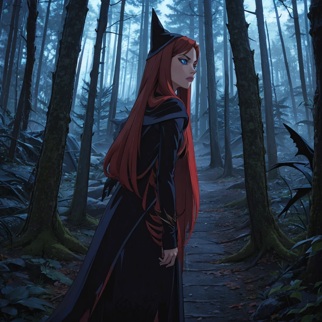 Red with long hair witch , magic crystal blue enchanting eyes , Halloween dark forest, witch forest, dark witch costume