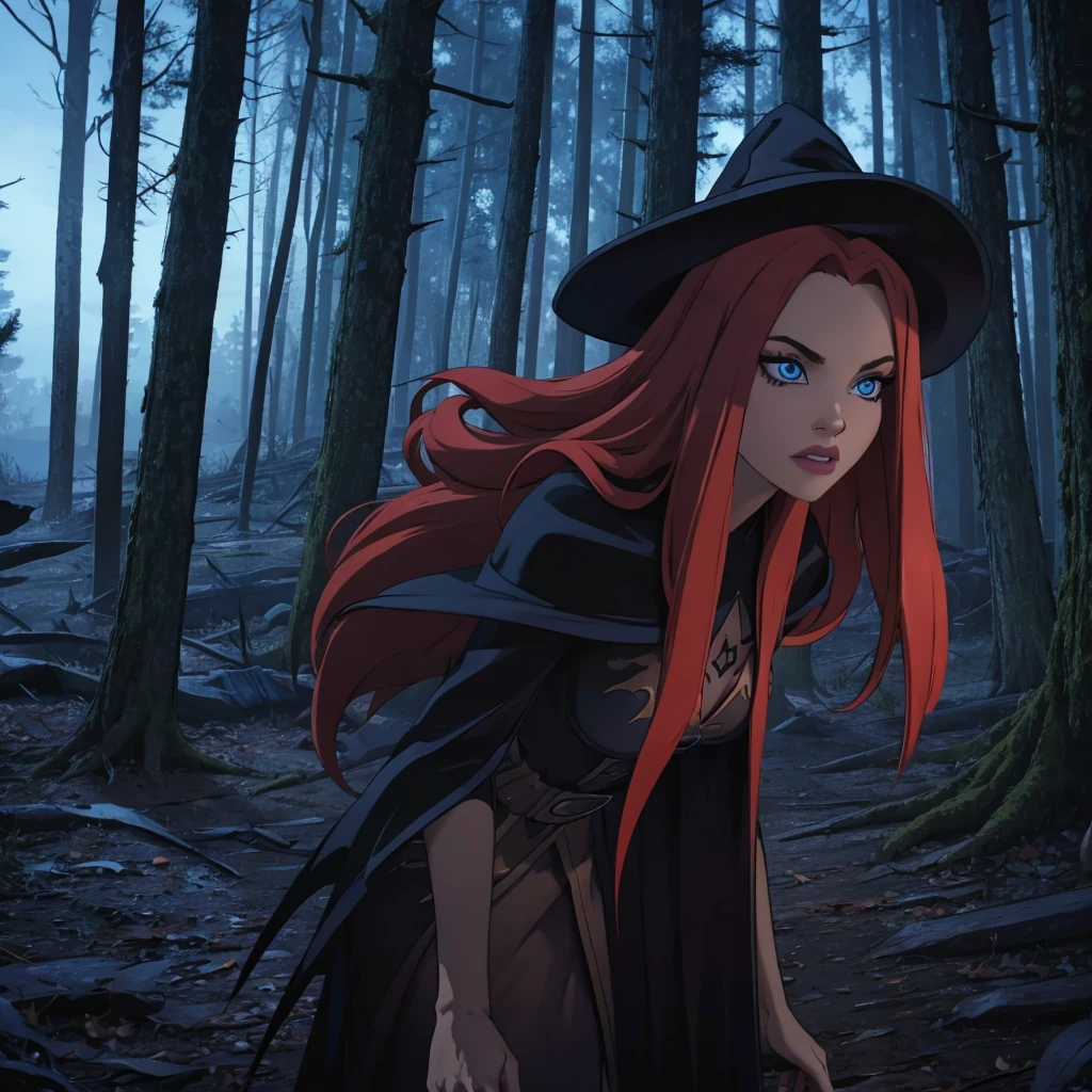 Red with long hair witch , magic crystal blue enchanting eyes , Halloween dark forest, witch forest, dark witch costume 